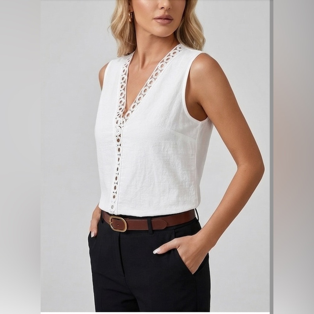 100% Cotton Boho V-Neck Crochet Detail Blouse White - Picture 5 of 8